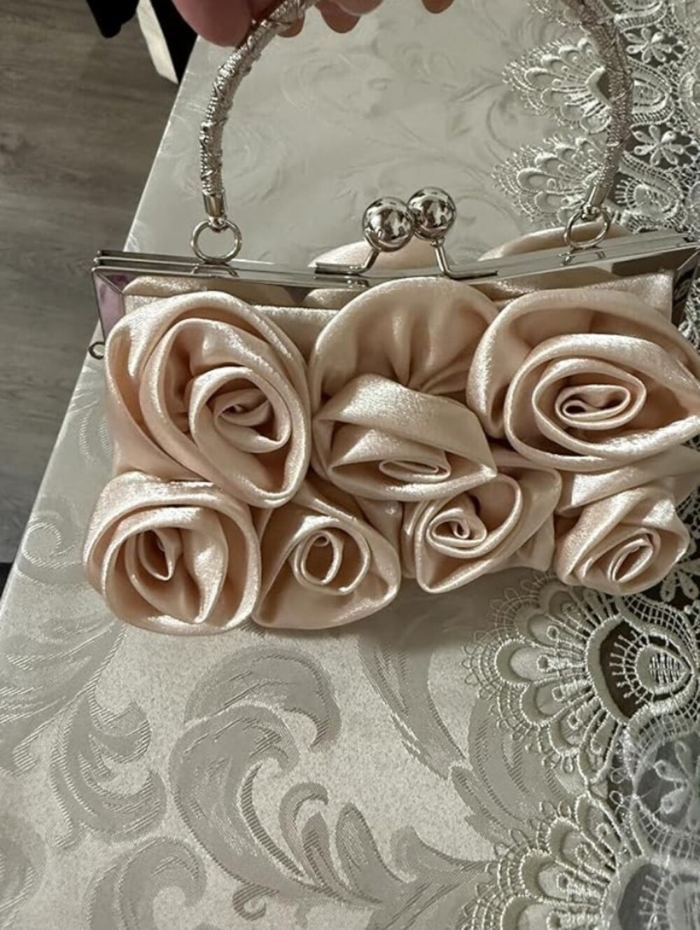 Satin Rose Floral Evening Clutch Bag Rhinestone Handle Wedding Purse Champagne